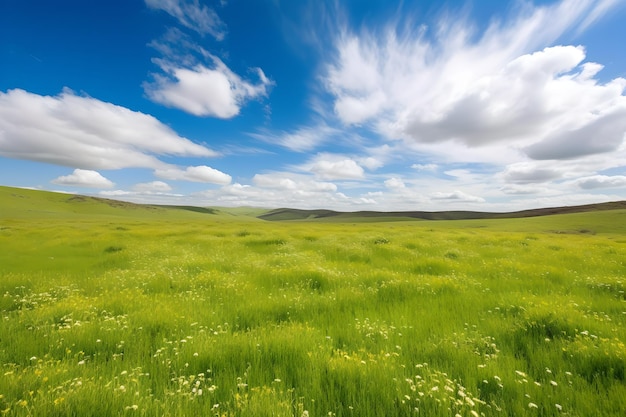 Campo de hierba verde bajo un cielo azul