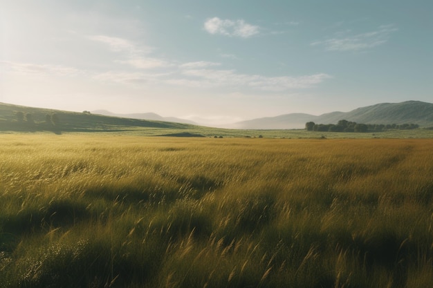 Un campo de hierba verde con una montaña al fondo.