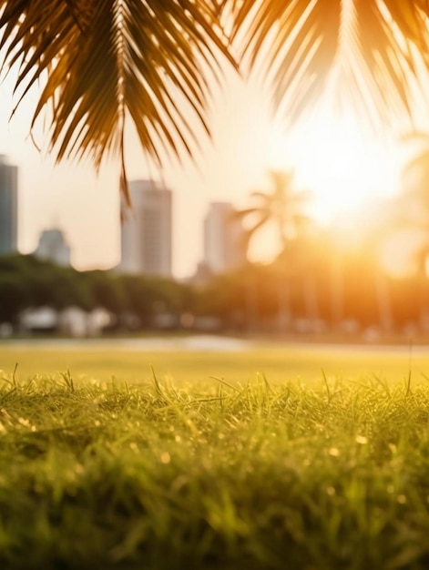 un campo de hierba verde con una palmera en el fondo