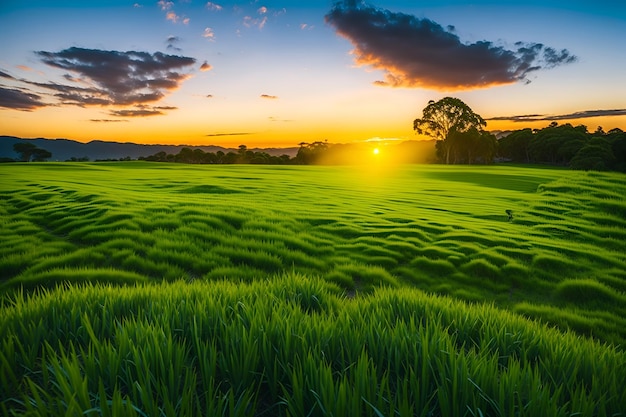 Un campo de hierba verde con una puesta de sol de fondo