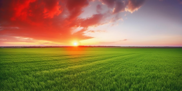 Un campo de hierba verde con una puesta de sol de fondo
