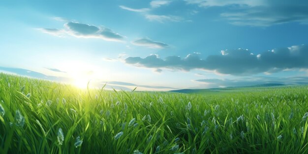 Un campo de hierba verde con el sol brillando sobre él