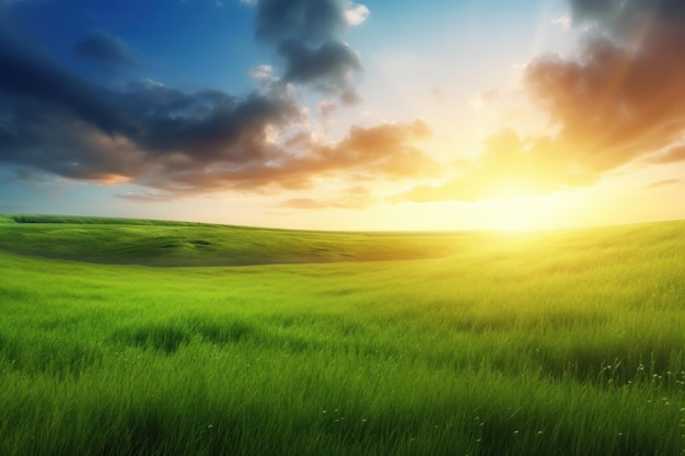 Un campo de hierba verde con el sol brillando a través de las nubes