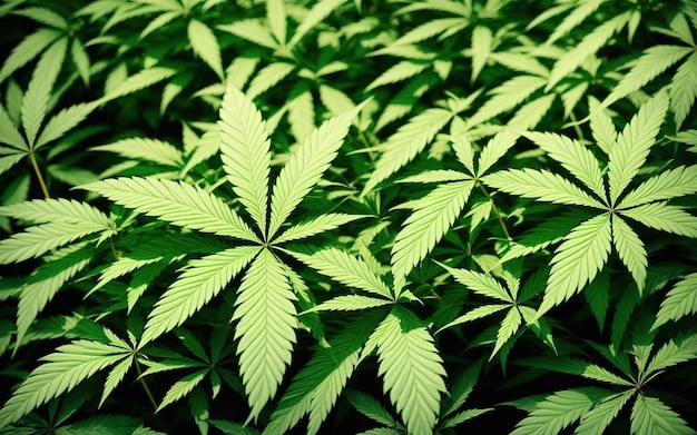 Un campo de hojas de cannabis con la palabra cáñamo en la parte inferior.