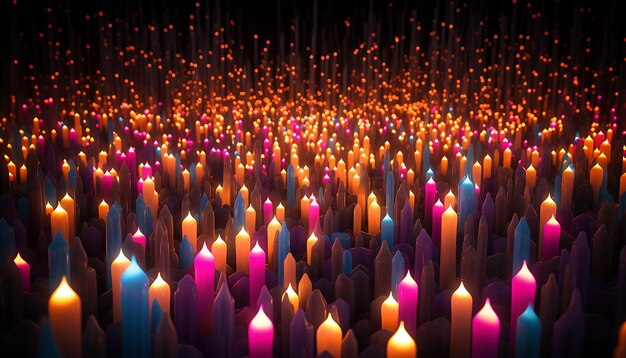 Foto un campo de infinitas velas de cumpleaños de colores encendidas