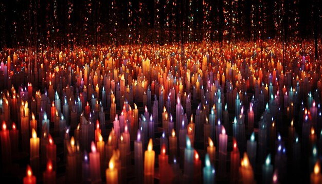 Foto un campo de infinitas velas de cumpleaños de colores encendidas