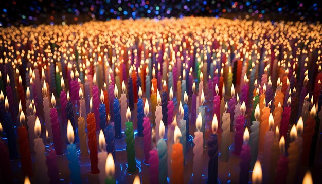 Foto un campo de infinitas velas de cumpleaños de colores encendidas