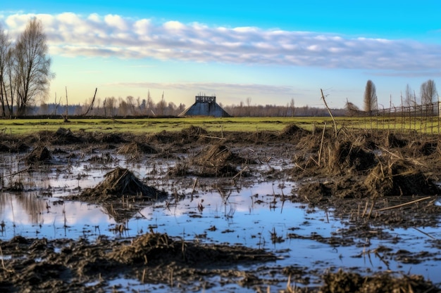 Campo inundado com água lamacenta e detritos criados com ai generativo