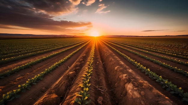 Un campo de judías verdes bajo un cielo al atardecer