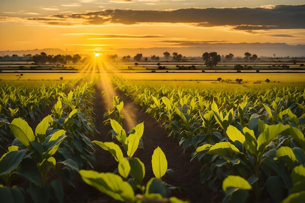 Un campo de judías verdes con la puesta de sol detrás de él