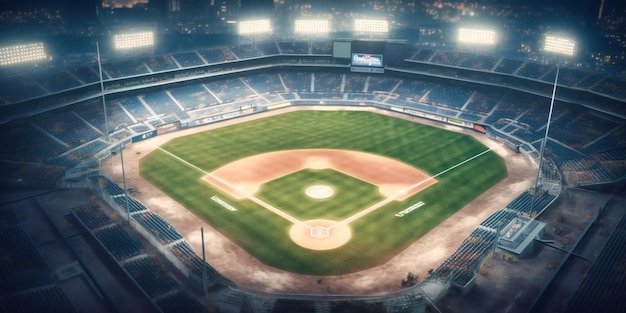 El campo de un juego de béisbol con luces.