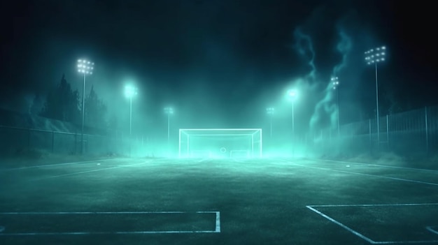 Campo de juego de fútbol texturizado con mediocampo de centro de niebla de neón