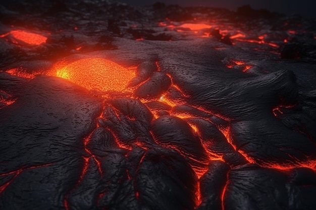 Un campo de lava con un fondo negro y un campo de lava rojo brillante.