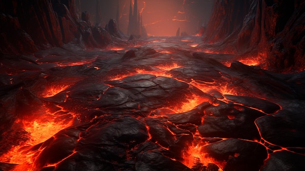 Un campo de lava con fuego.