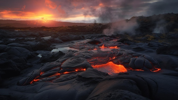 Un campo de lava con una puesta de sol de fondo