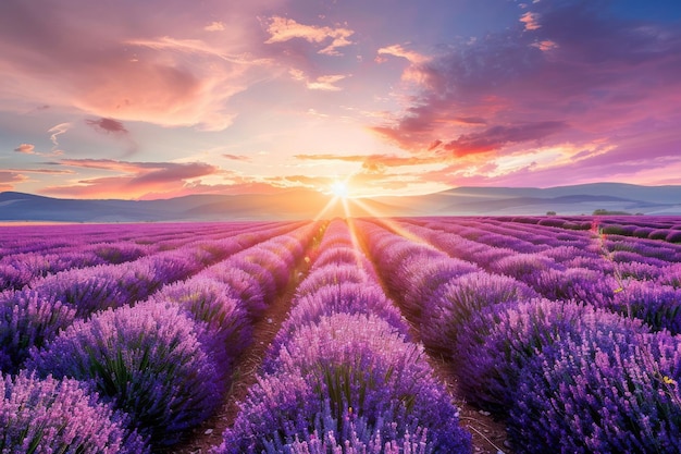 Campo de lavanda al atardecer Flores púrpuras Paisaje Mañana Campos de lavanda Copia el espacio