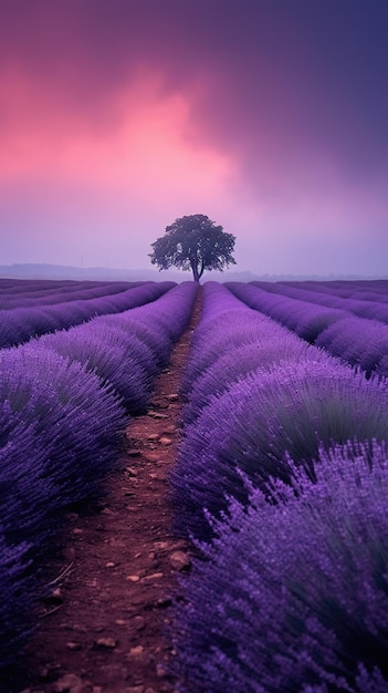 Campo de lavanda con un árbol en primer plano