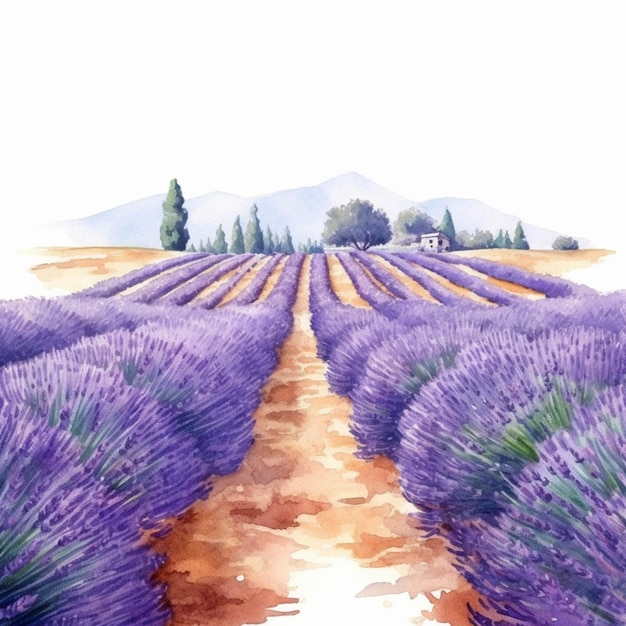 Campo de lavanda con un camino que conduce a una casa y una montaña generativa ai