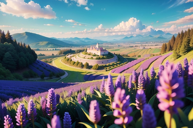 Un campo de lavanda con un castillo al fondo.