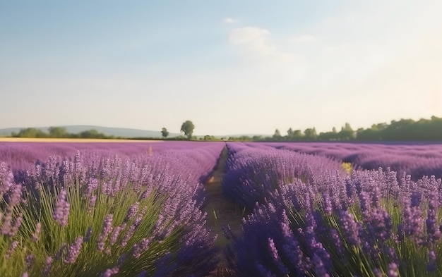 Un campo de lavanda con un cielo de fondo