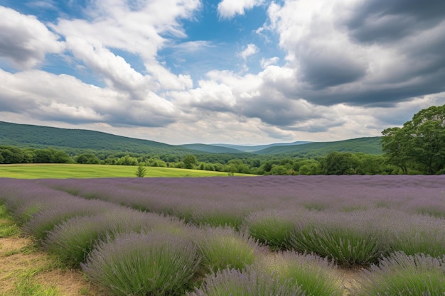 Campo de lavanda con colinas y nubes en el fondo creado con ai generativo