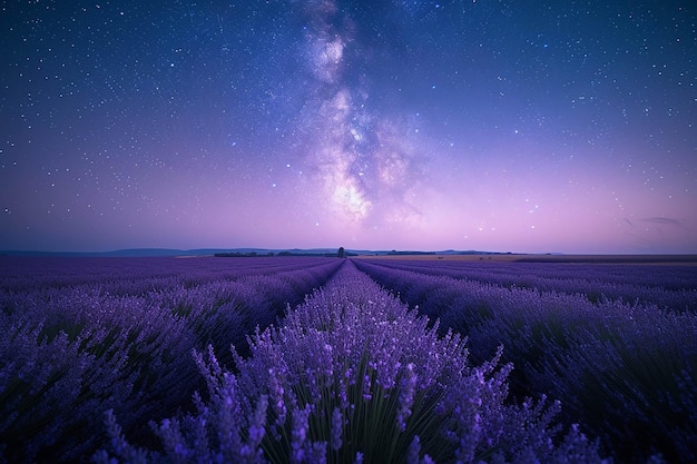 un campo de lavanda con una galaxia en el cielo