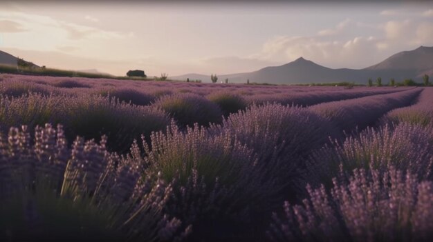 Un campo de lavanda con una montaña al fondo.