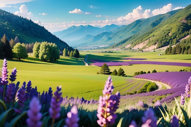 Un campo de lavanda en las montañas con un campo morado en primer plano.