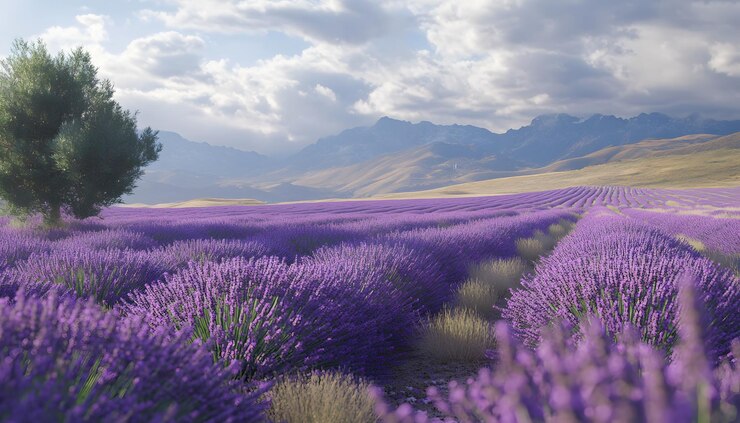 Campo de lavanda con montañas y nubes en la distancia