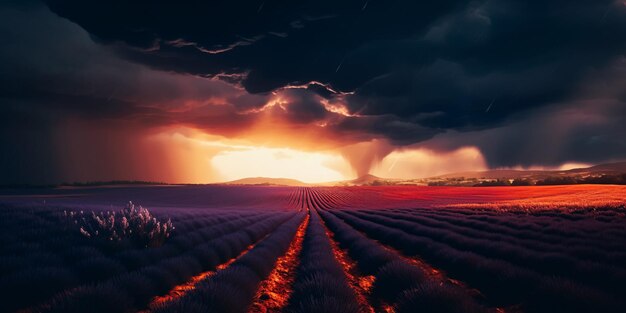 Campo de lavanda con una nube de tormenta