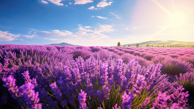 Un campo de lavanda en plena floración que se extiende hasta el horizonte.