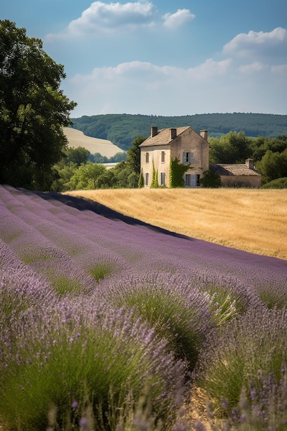 Foto un campo de lavanda en provenza con una casa al fondo.