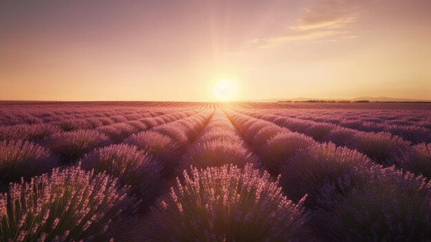 Un campo de lavanda con la puesta de sol detrás de él