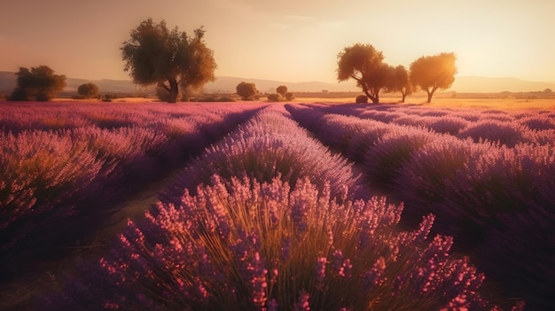 Un campo de lavanda con la puesta de sol detrás de él