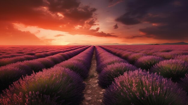 Campo de lavanda puesta de sol y líneas IA generativa