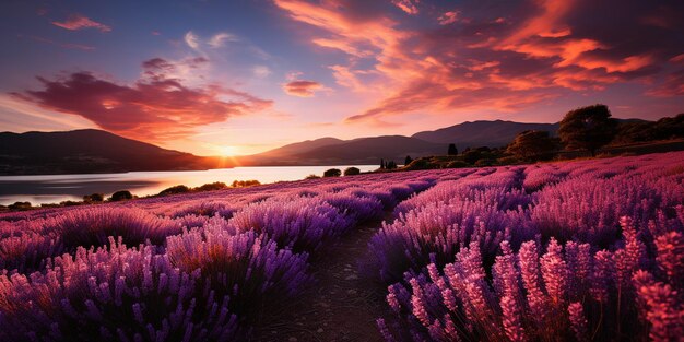 Un campo de lavanda que se extiende hasta el fondo