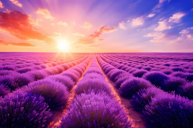 Campo de lavanda con el sol al atardecer