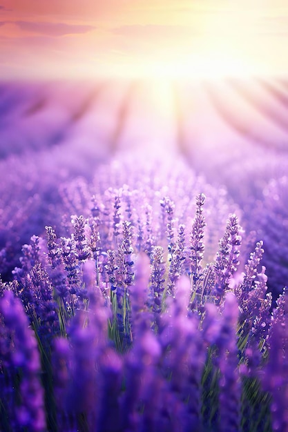 Un campo de lavanda con el sol brillando a través de las nubes.