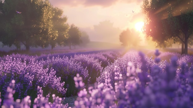 Campo de lavanda con el sol en el fondo