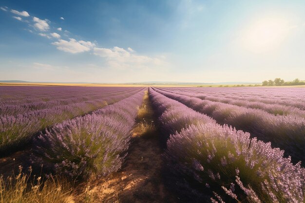 Foto campo de lavanda en suaves rayos de luz.