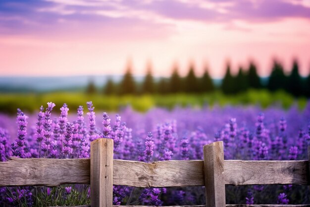 Foto un campo de lavanda con una valla de madera rústica