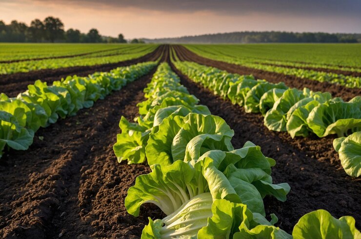 Foto un campo de lechuga con una puesta de sol en el fondo