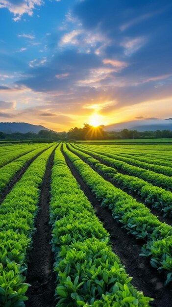 un campo de lechugas con la puesta de sol al fondo