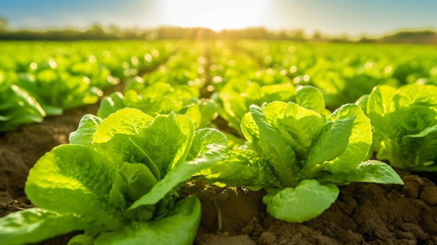 Campo de lechugas bajo el sol frescas cabezas verdes