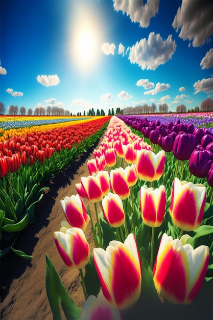 Campo lleno de coloridos tulipanes bajo un cielo azul generativo ai