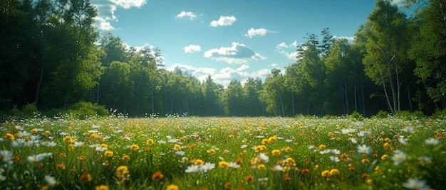 Campo lleno de flores y árboles bajo el cielo azul