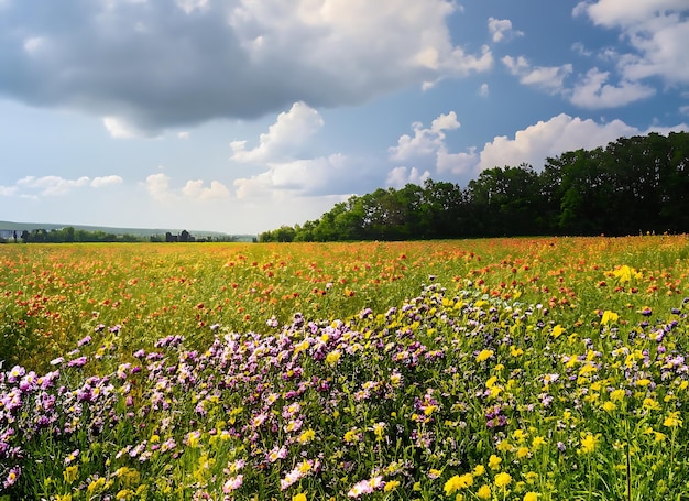 Foto campo lleno de flores bajo un cielo nublado