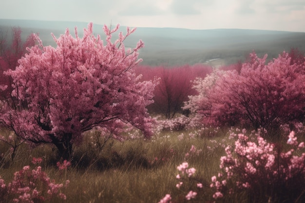 Un campo lleno de flores rosas y árboles IA generativa