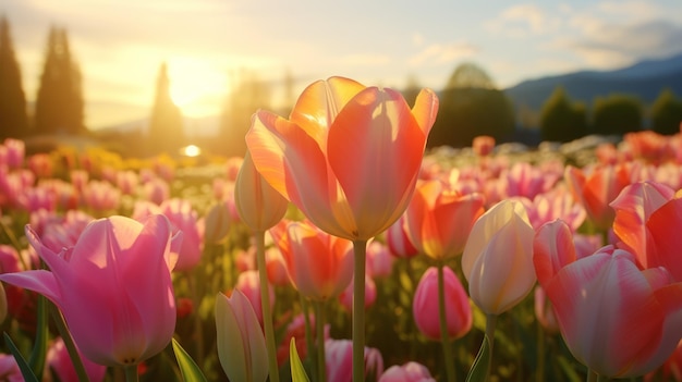 Un campo lleno de flores rosas y blancas