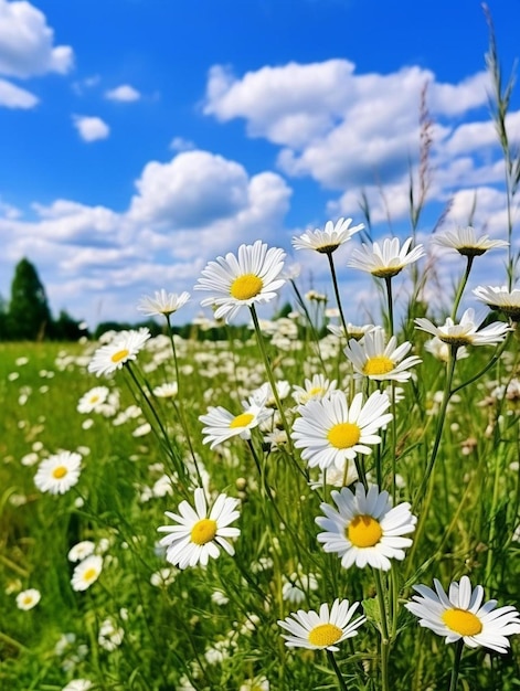 un campo lleno de margaritas blancas bajo un cielo azul